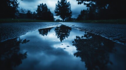 A macro shot of a close-up water puddle on wet asphalt at night, reflecting dark clouds and large trees above.