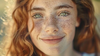A close-up of a young woman with green eyes and freckles smiling.