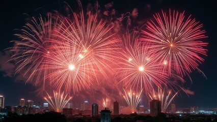 Obraz premium Vibrant fireworks over a city skyline at night.