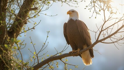 Fototapeta premium Bald eagle perched on a tree branch at sunrise.