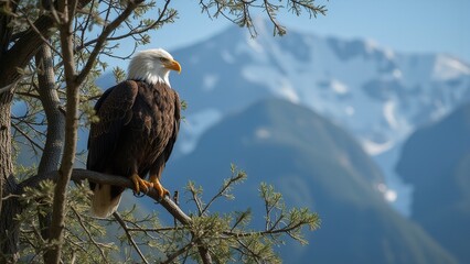 Bald eagle perched on a tree branch at sunrise.