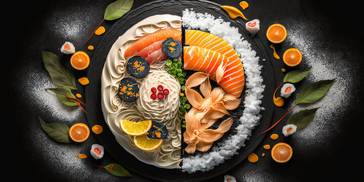 Japanese sushi food. Maki ands rolls with tuna, salmon, shrimp, crab and avocado. Top view of assorted sushi, all you can eat menu. Rainbow sushi roll, uramaki, hosomaki and nigiri