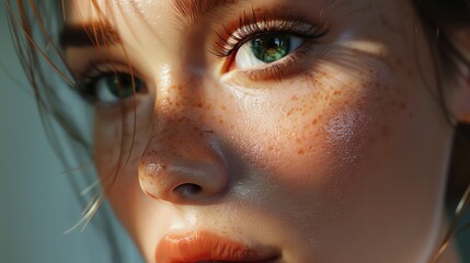 A close-up of a woman's face, featuring bright green eyes, freckles, and a soft expression.