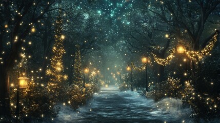 Naklejka premium A magical PNG Christmas border featuring a quiet forest path lined with snow-covered trees and glowing lanterns.