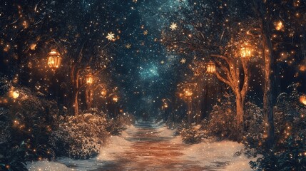 Naklejka premium A magical PNG Christmas border featuring a quiet forest path lined with snow-covered trees and glowing lanterns.