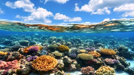 Obraz premium A vibrant underwater scene showcasing colorful coral reefs beneath a clear blue sky, highlighting marine biodiversity and natural beauty.