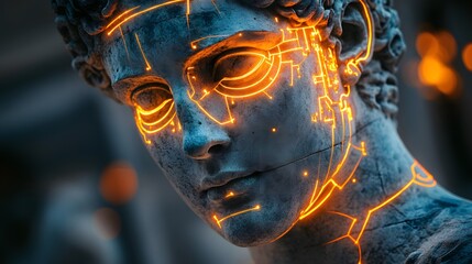 A futuristic ancient Greek statue with glowing cybernetic parts