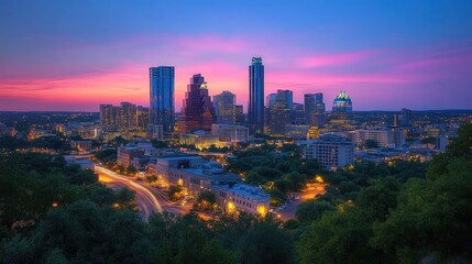 Obraz premium Vibrant sunset over a city skyline with illuminated buildings and roads.