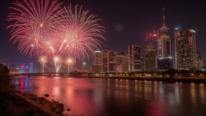 Red fireworks lighting up the city skyline at night
