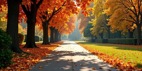 Obraz premium Autumnal Pathway Sun-dappled Walkway Lined with Vibrant Fall Foliage and Lush Green Lawns