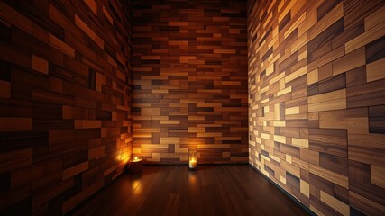 Serene interior space featuring a warm, inviting ambiance created by candlelight and richly textured wood paneling.