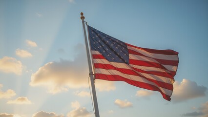 American flag flying over mountain landscape in sunlight