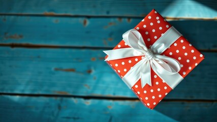 Obraz premium A red polka dot present with a white ribbon sits on a rustic blue wooden surface, bathed in sunlight