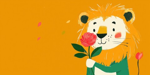 Cheerful lion holding flower whimsical art bright background cute