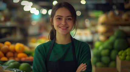  A photo of an attractive young woman standing in front, smiling and looking at the camera with her arms crossed while wearing a green shirt and black apron inside an organic gr