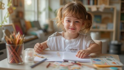 Fototapeta premium Young girl smiling while drawing at a bright study desk