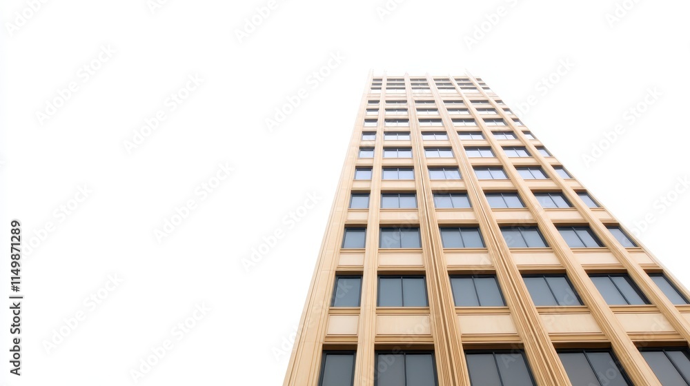 Poster a tall building with a modern design features a grid of windows against a clear sky, showcasing arch