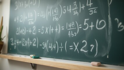 Chalkboard filled with handwritten math equations