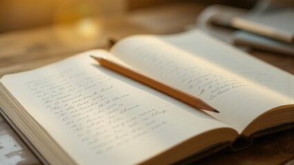 Fototapeta premium Open notebook with pencil on wooden desk in morning light