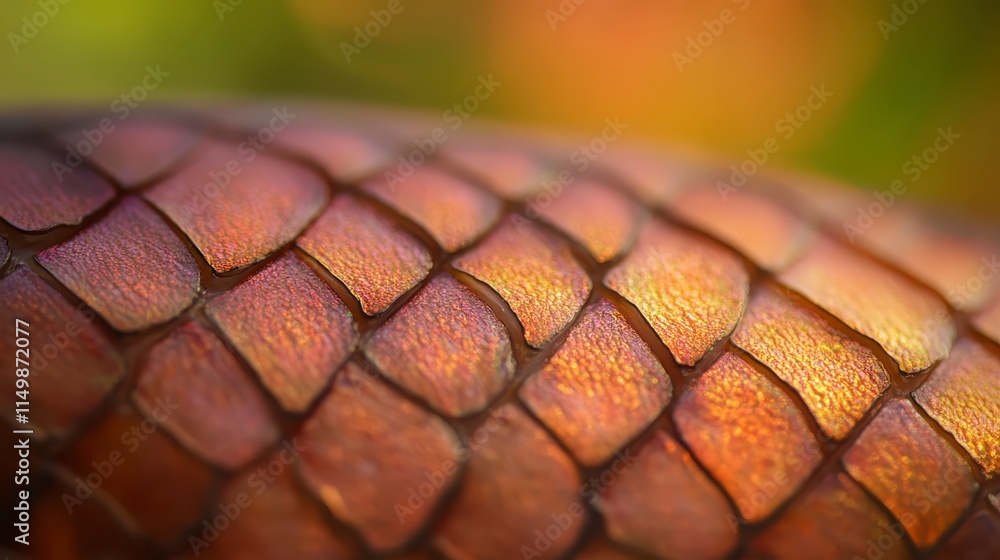 Poster a close-up of textured scales with a warm, iridescent sheen, showcasing intricate patterns and color