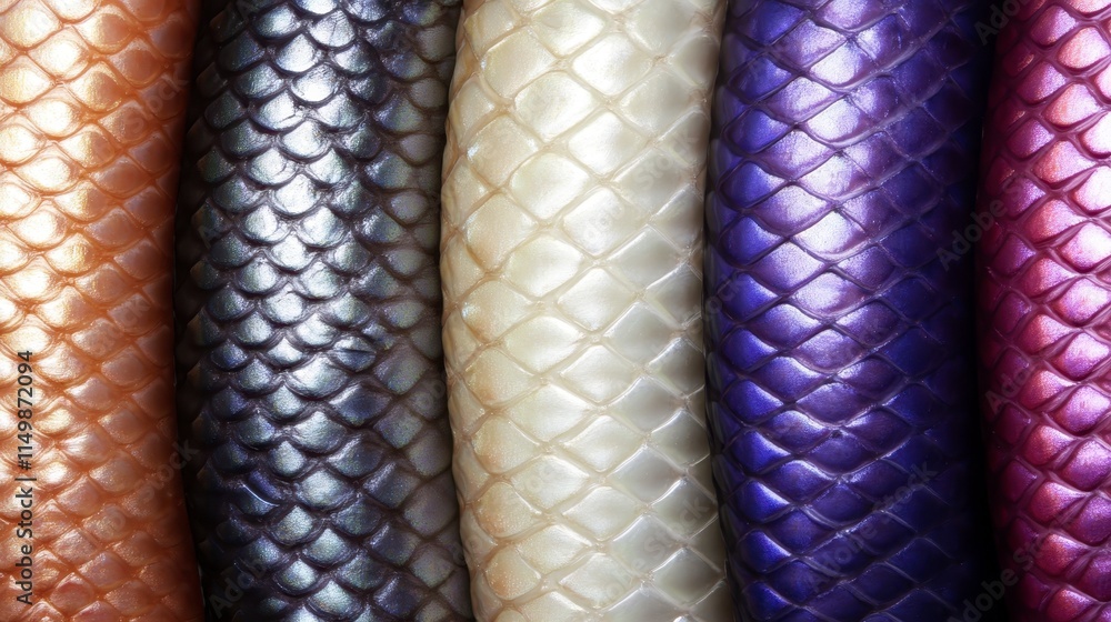 Poster a close-up of vibrant, textured, iridescent materials resembling scales in various colors, creating 