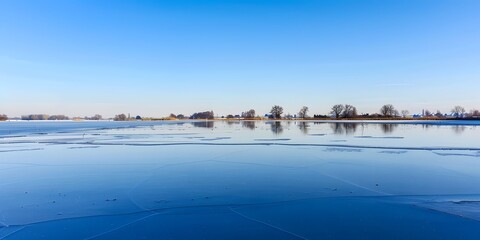 Fototapeta premium A frozen lake in a winter landscape, showcasing the peaceful and still atmosphere of a snow-covered environment.