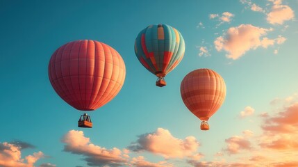 Naklejka premium Three hot air balloons soar, pastel sky.
