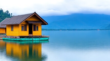 Obraz premium A vibrant yellow house floats on serene waters, surrounded by lush mountains under a cloudy sky, creating a picturesque lakeside scene.