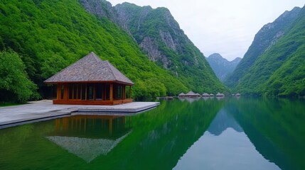 Fototapeta premium A serene lakeside view featuring a wooden pavilion surrounded by lush green mountains under a cloudy sky.