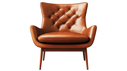 Mid-century modern brown leather armchair with a wooden frame, combining comfort and style for interiors. Isolated on transparent background