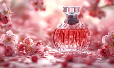 A pink perfume bottle mockup with cherry blossoms and falling petals on a pastel background, perfect for spring themes