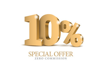 10 percent number. Ten number in gold 3d. Poster template for discount, sale discount, work progress. Vector illustration