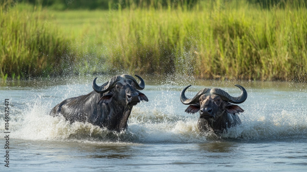 Canvas Prints Two Cape Buffaloes Splashing Through a River