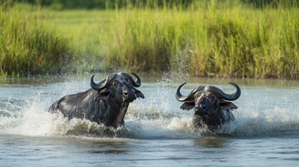 Two Cape Buffaloes Splashing Through a River