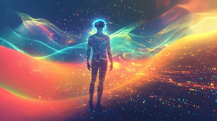 Abstract figure in vibrant energy field.