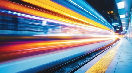 train moving underground, the tunnel walls streaked with light and shadows in the blur