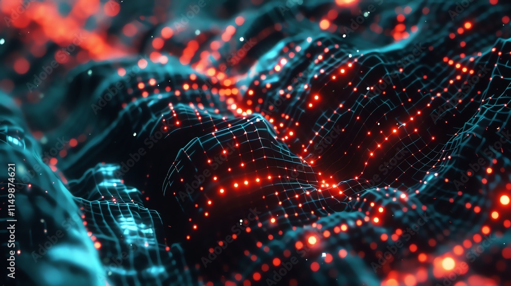 Poster an abstract, digital rendering of a glowing, wireframe landscape with red dots and a blue grid.