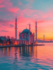 Obraz premium Bosphorus Strait during golden hour, with the Istanbul Bridge illuminated by the setting sun.