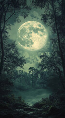 Fototapeta premium A Glowing Full Moon Illuminating a Dense Forest
