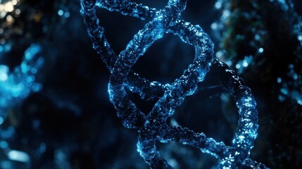 Glowing blue DNA double helix strand, close-up.