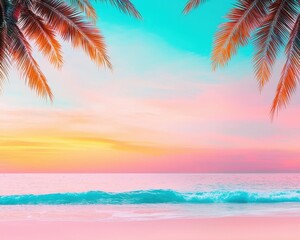 Fototapeta premium A beach sunset wedding backdrop with palm trees and gentle waves.