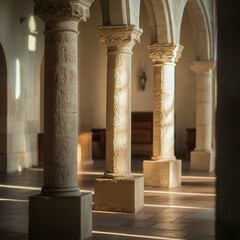 columns in Klis Church, capturing the quiet elegance of the interior, with soft lighting highlighting