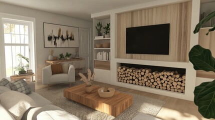 A contemporary Scandinavian living room with a built-in wood storage fireplace, neutral decor, and soft textures for a cozy atmosphere