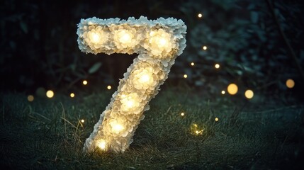 Illuminated floral number seven in grass at night.