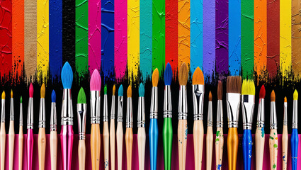 Colorful paintbrushes forming a row in front of vibrant paint strokes