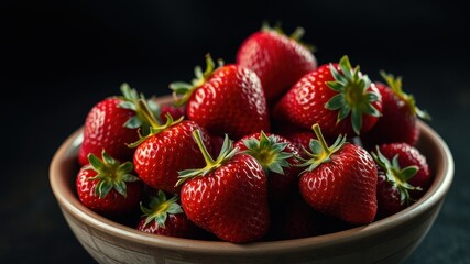 A rustic bowl overflowing with ripe, juicy strawberries, glistening under soft lighting, a vibrant summer harvest