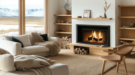 A Scandinavian minimalist living room with a sleek fireplace, natural wood shelves, and soft neutral-toned furniture, creating a cozy atmosphere