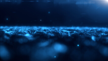 Blue glowing magic energy wave with blur effect from digital particles and dots bright shiny on a dark blue abstract background. futuristic sci fi concept.