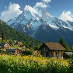 Fototapeta premium Mont Blanc seen from a nearby village, with quaint chalets in the foreground.