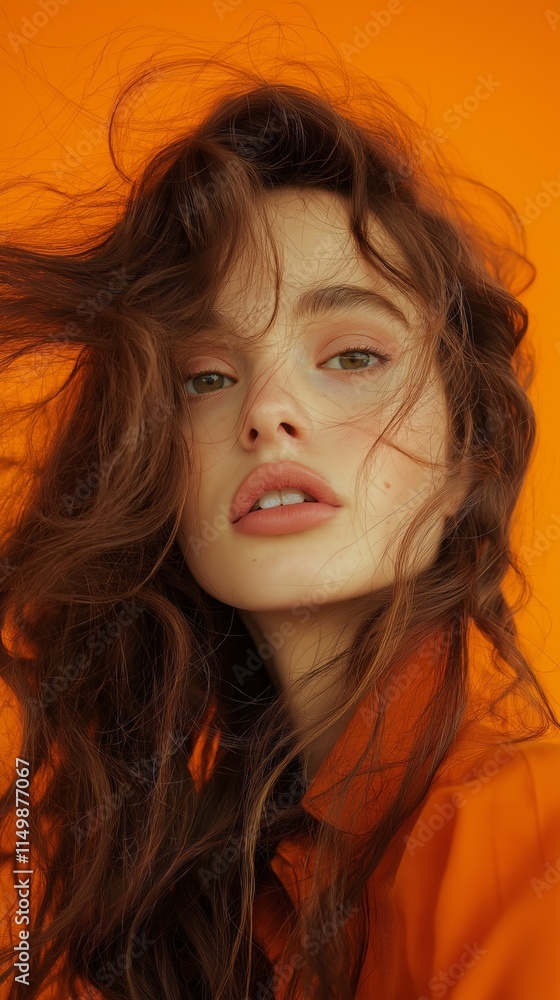 Poster A striking model with cascading curly hair showcases an enchanting expression. The bright orange background amplifies the intensity of her gaze, creating a captivating visual experience